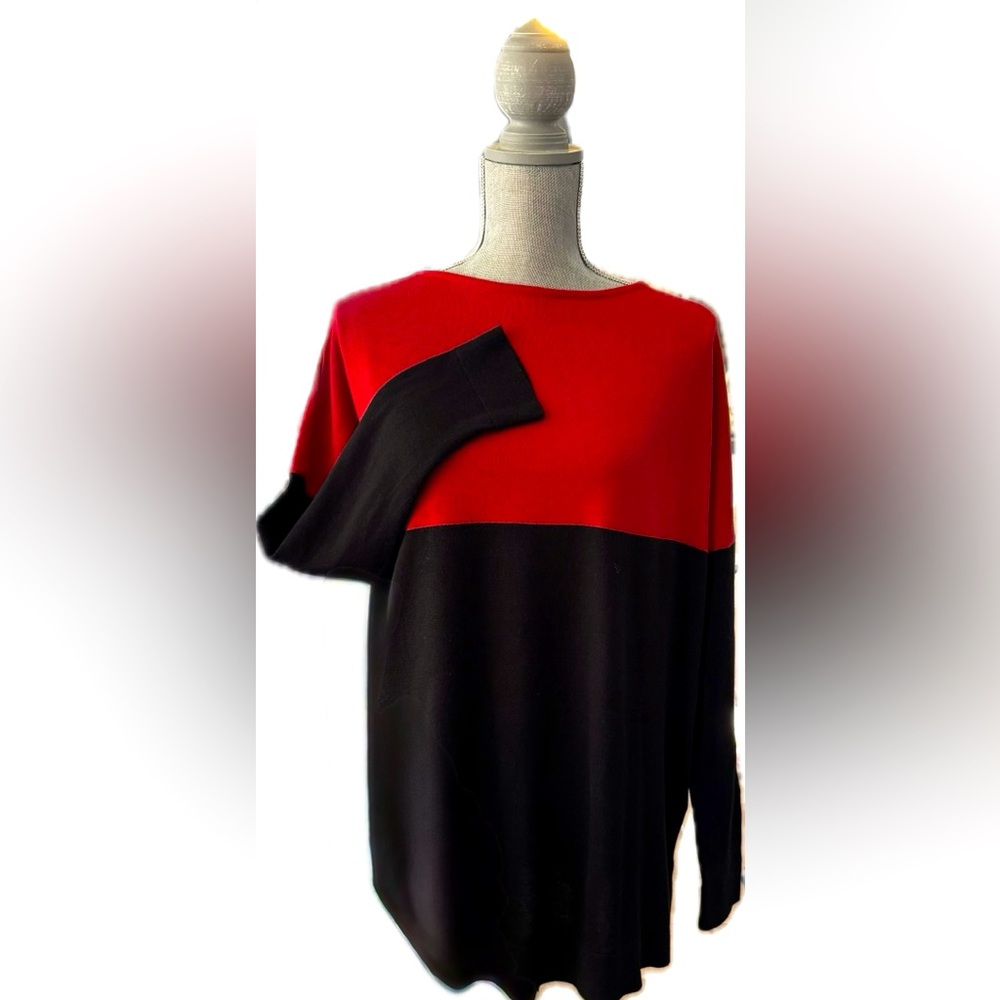 CHAPS by RALPH LAUREN Sweeater Red & Black 3/4 sleeve boat neck Excellent Size L